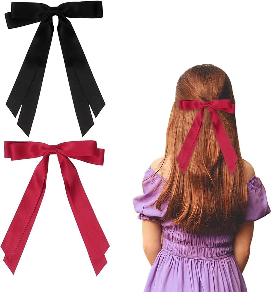 2 Pack Hair Bows for Women, Black Bow Hair Clips French Barrette with Long Silky Satin Hair Ribbo... | Amazon (UK)