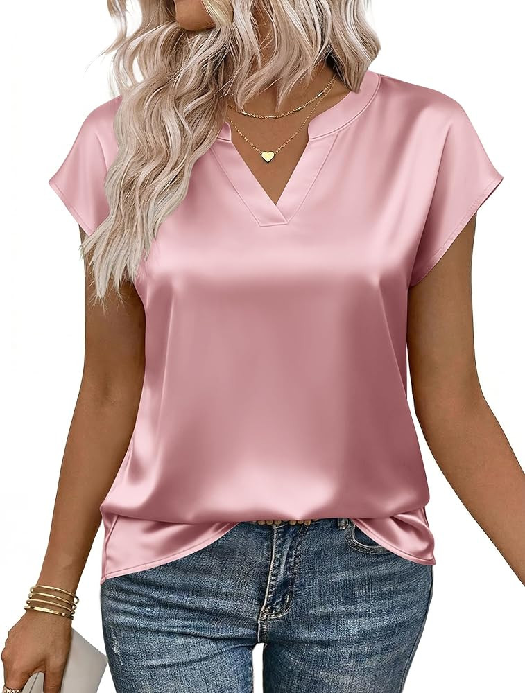 Zeagoo Women Tops Silk Satin Blouses Cap Sleeve V Neck Summer Spring Shirts | Amazon (US)