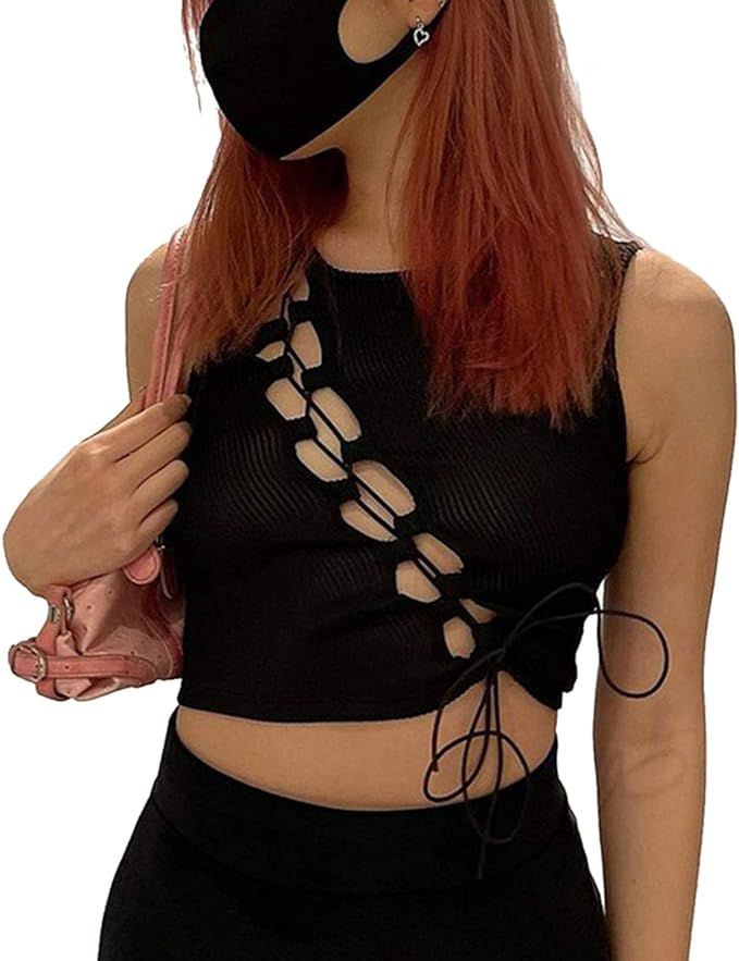 Womens One Shoulder Tank Tops Color Block Patchwork Irregular Hem Crop Top Clubwear Streetwear | Amazon (US)