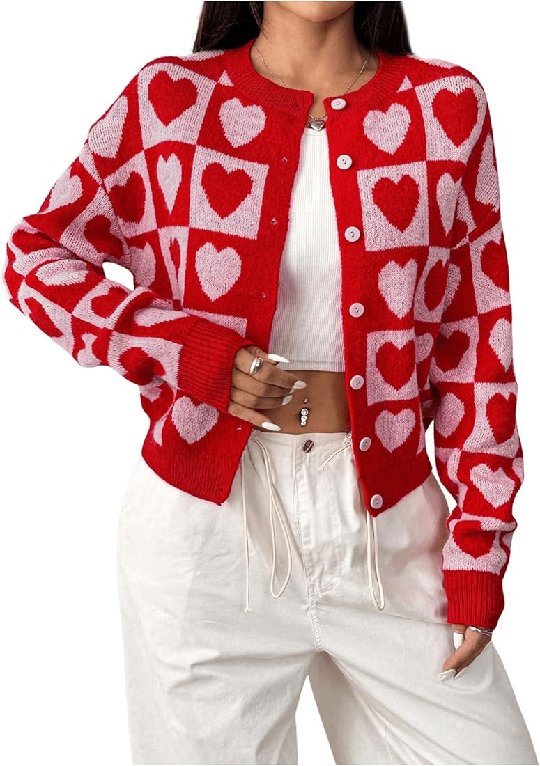 MakeMeChic Women's Plaid Heart Print Crew Neck Button Down Cardigan Sweaters Long Sleeve Cute Car... | Amazon (US)