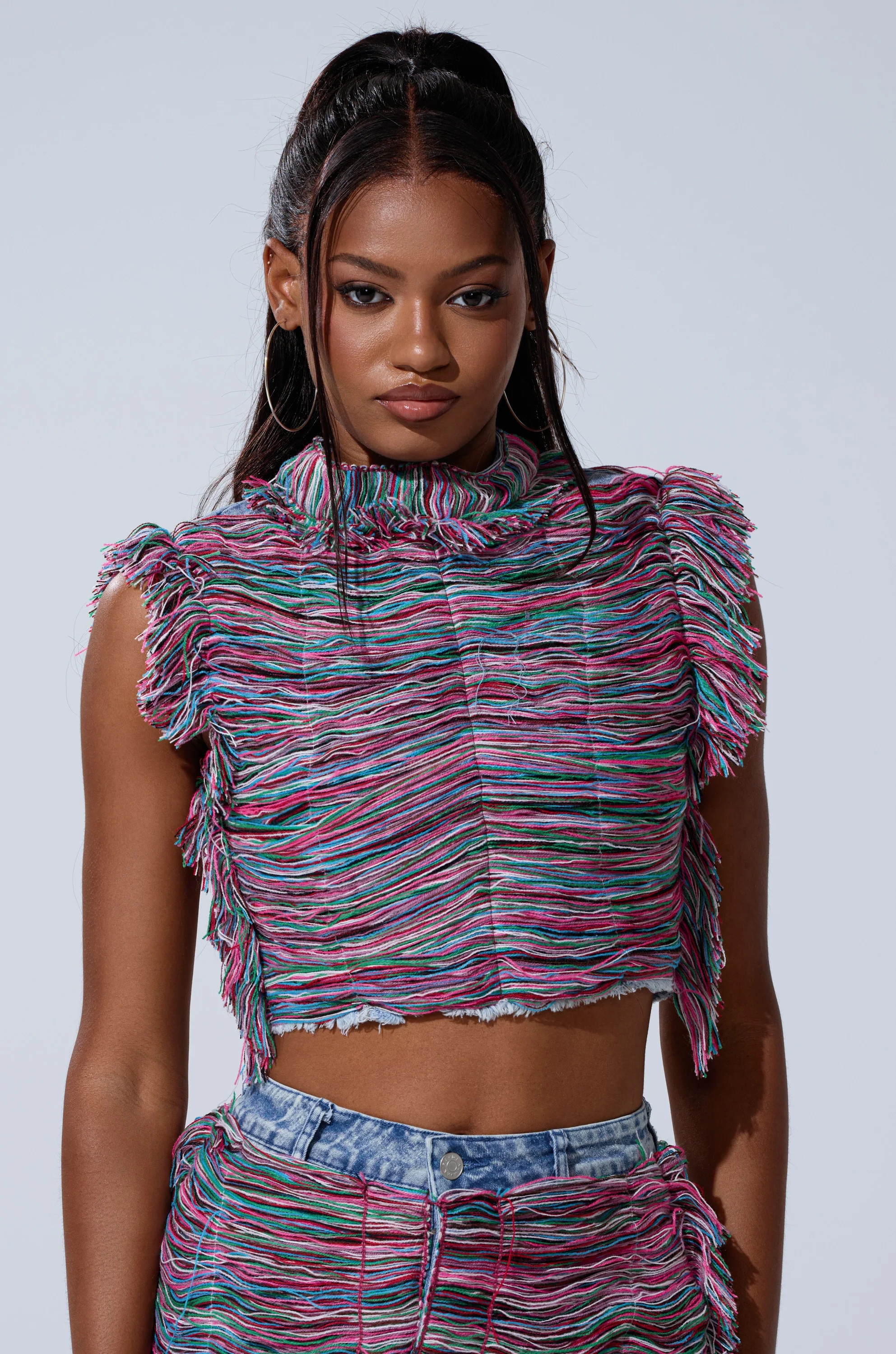 SHES GONE, DANCE ON GIRL SHREDDED DENIM TOP | AKIRA