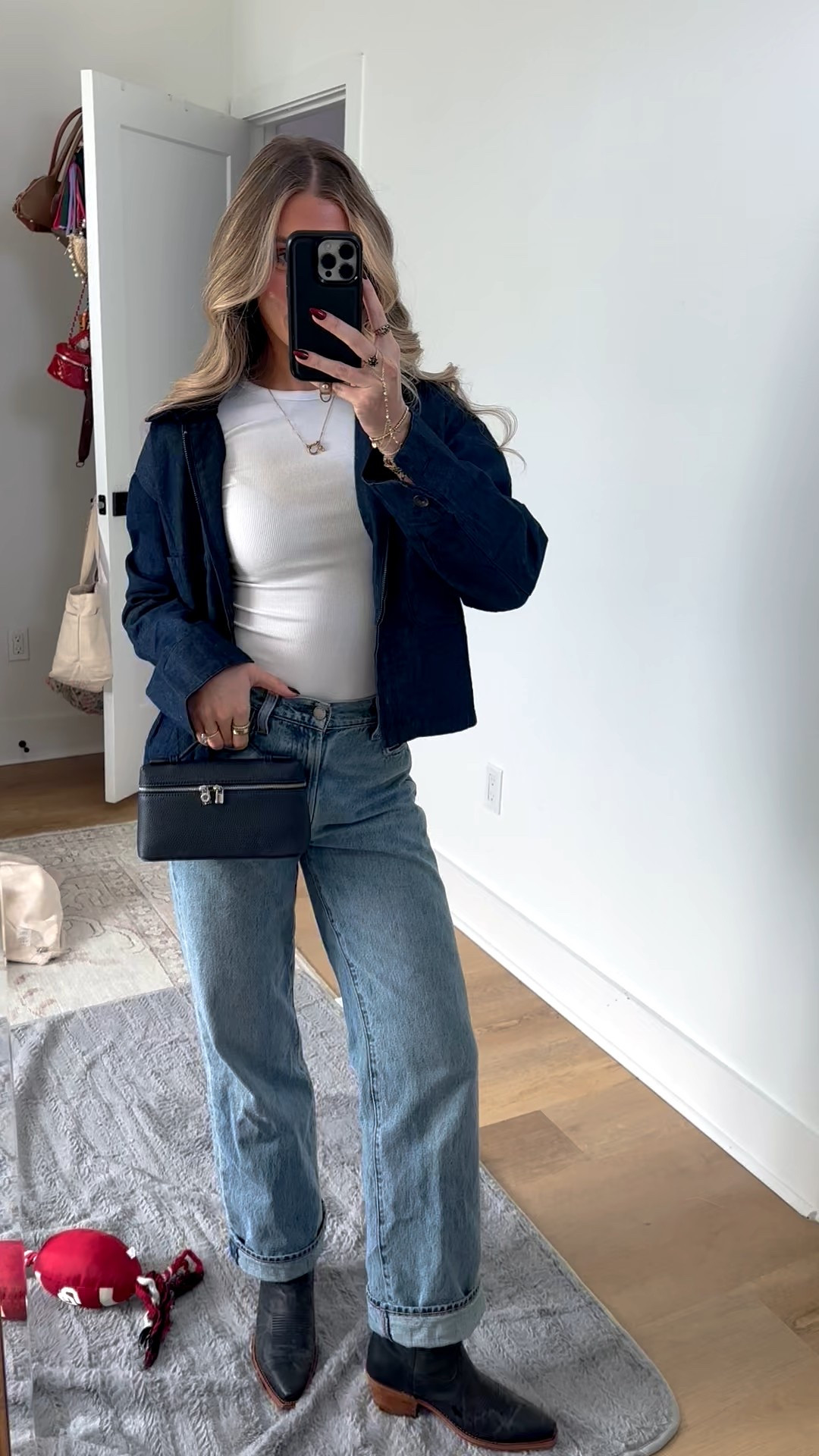 Jeans @aritzia, top @nuuds, bag @amazon, necklace @electricpicks, jacket @amazon

Aritzia 7 years blue taboo size 24 jeans. The iconic '70s wide leg
Inspired by bold, adventurous '70s icons, The Farrah is Denim Forum’s signature wide-leg jean. With a high rise and slim hip, The Farrah hugs the figure and flares gradually out from the leg, ending in a clean hem. They're made with heavyweight, non-stretch denim that molds to your body over time. This fabric is sourced from a premier Italian mill and made with 100% regenagri-certified regenerative cotton. So go ahead, ride a skateboard. Fight crime. But do it with big hair. This version comes in a light medium indigo wash. The Farrah has been recently updated with a slightly lowered rise and a zip front for that perfect '70s look

#LTKSeasonal #LTKSaleAlert #LTKFindsUnder100