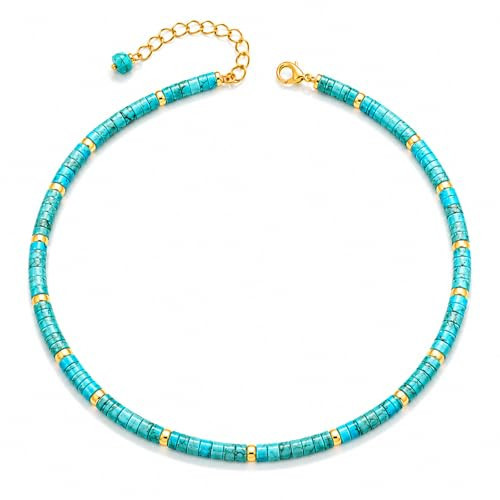 Turquoise Heishi Bead Choker Necklace for Women, Genuine Natural Turquoise Stone Necklace with 18K Gold Plated Spacer Beads, Adjustable 14” + 2” Layering Choker, Boho Beach Jewelry Gift for Her | Amazon (US)
