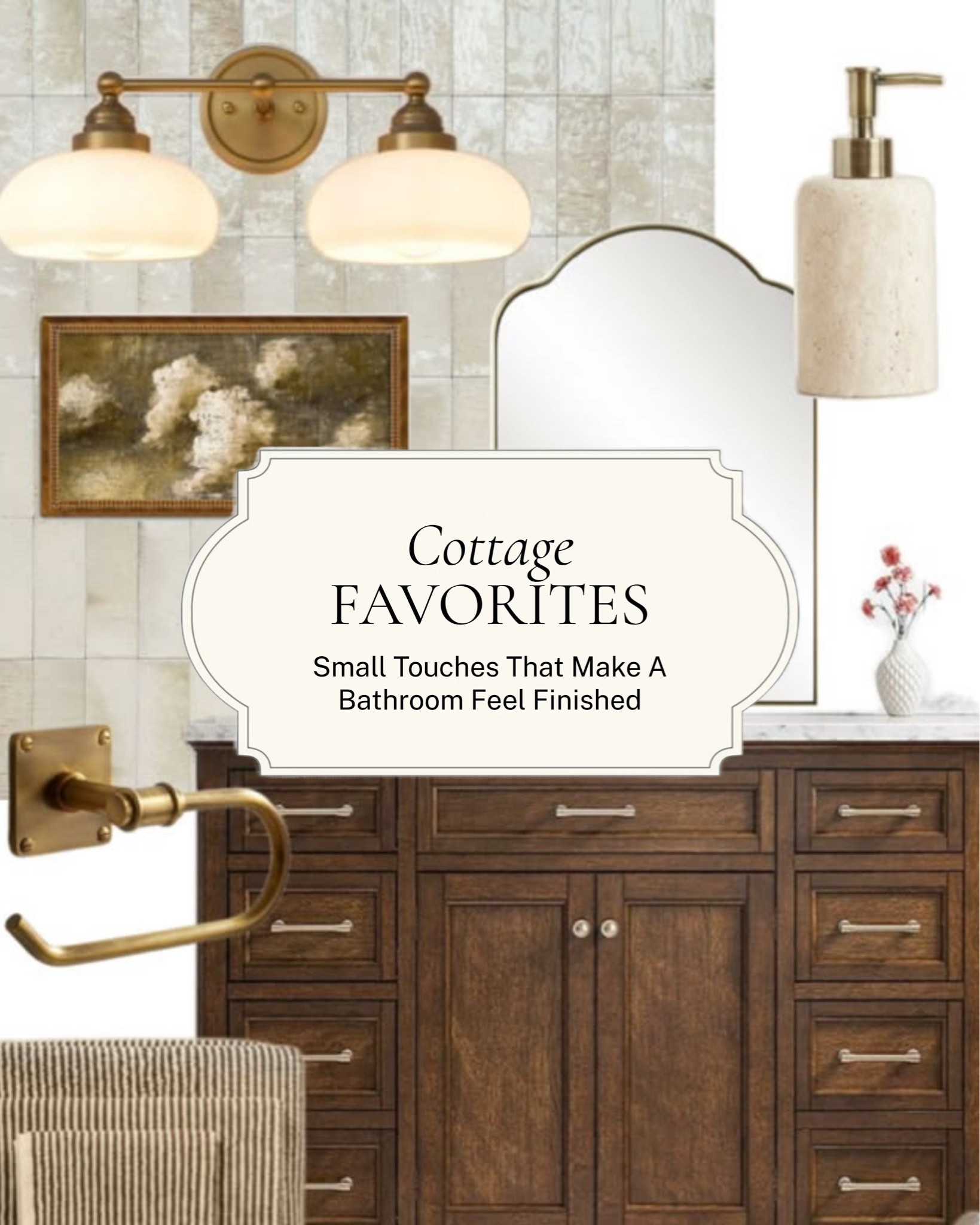 Small touches that make a bathroom feel finished. Warm brass sconces, an arched mirror, a soft ceramic soap pump, and a framed floral print, the kind of small details that turn a bathroom into a room you actually enjoy being in.

Shop the pieces here! #LTKhome