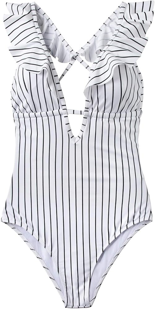 Women's Falbala One Piece Swimsuit Deep V Neck Monokini Swimsuit | Amazon (US)