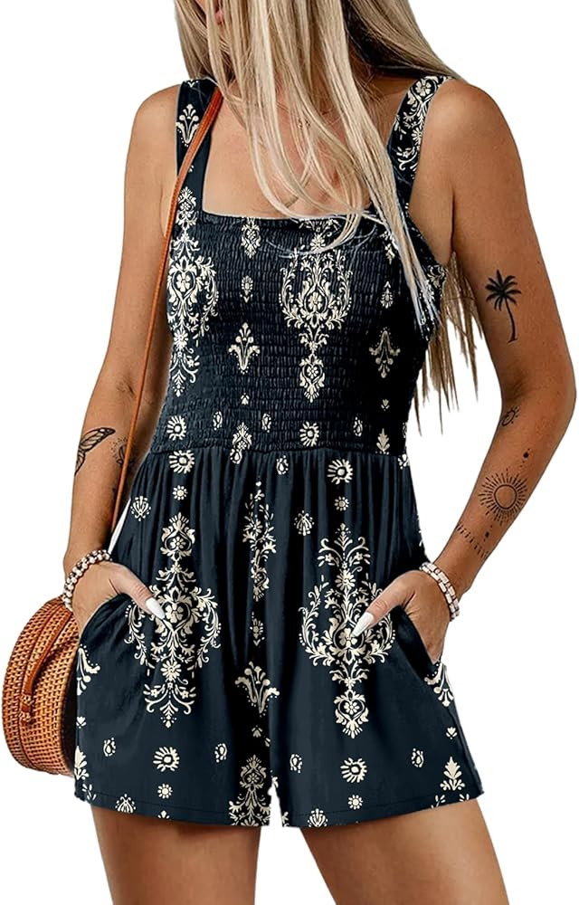 Dokotoo Women's Summer Casual Smocked Rompers Square Neck Sleeveless Loose Shorts Jumpsuits 2026 ... | Amazon (US)