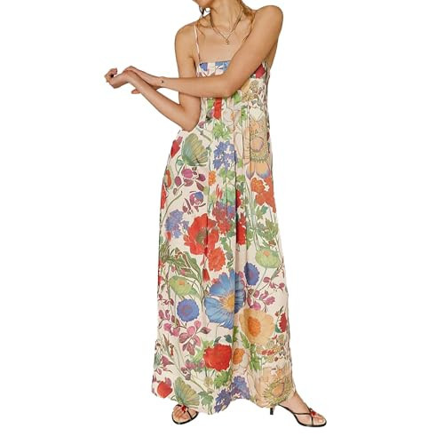 ABYOVRT Women Boho Floral Maxi Dress Backless Spaghetti Strap A-Line Flowy Summer Vacation Long Dress (Green,L) | Amazon (US)
