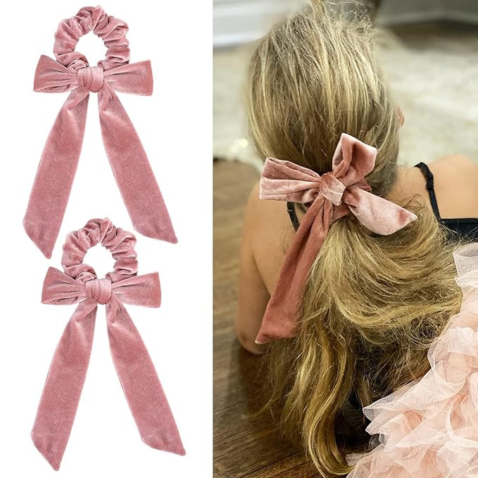 2PCS Pink Velvet Bow Hair Scrunchies Hair Ribbon Tie Elastics Hair Scrunchies Long Ponytail Holde... | Amazon (US)