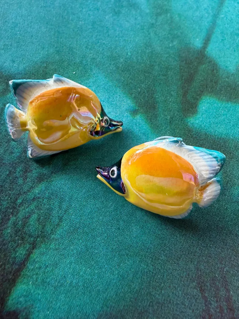 1980s Tropical Ceramic Fish Pierced Earrings Colorful Ocean Animal Sea Life Yellow Blue Glazed Be... | Etsy (US)