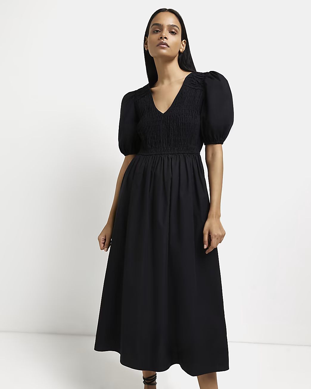 Black shirred midi dress | River Island (UK & IE)