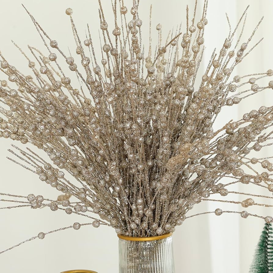 Christmas Artificial Glitter Holly Berry Stem,12Pcs Fake Christmas Champagne Gold Berries Branche... | Amazon (US)