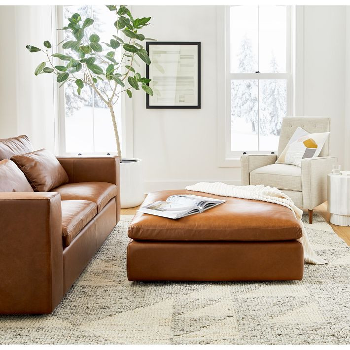 Harmony Modular Ottoman, Down, Ludlow Leather, Navy, Concealed Supports | West Elm (US)