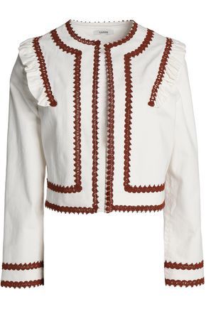 Ganni Woman Macramé-trimmed Ruffled Denim Jacket White Size 42 | The Outnet US