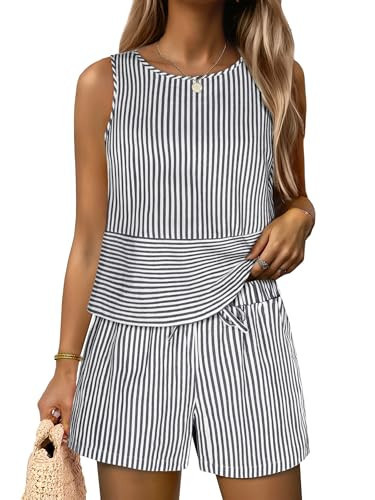ANRABESS Womens 2 Piece Outfits Striped Summer Casual Sleeveless Tank Top Matching Shorts Lounge ... | Amazon (US)
