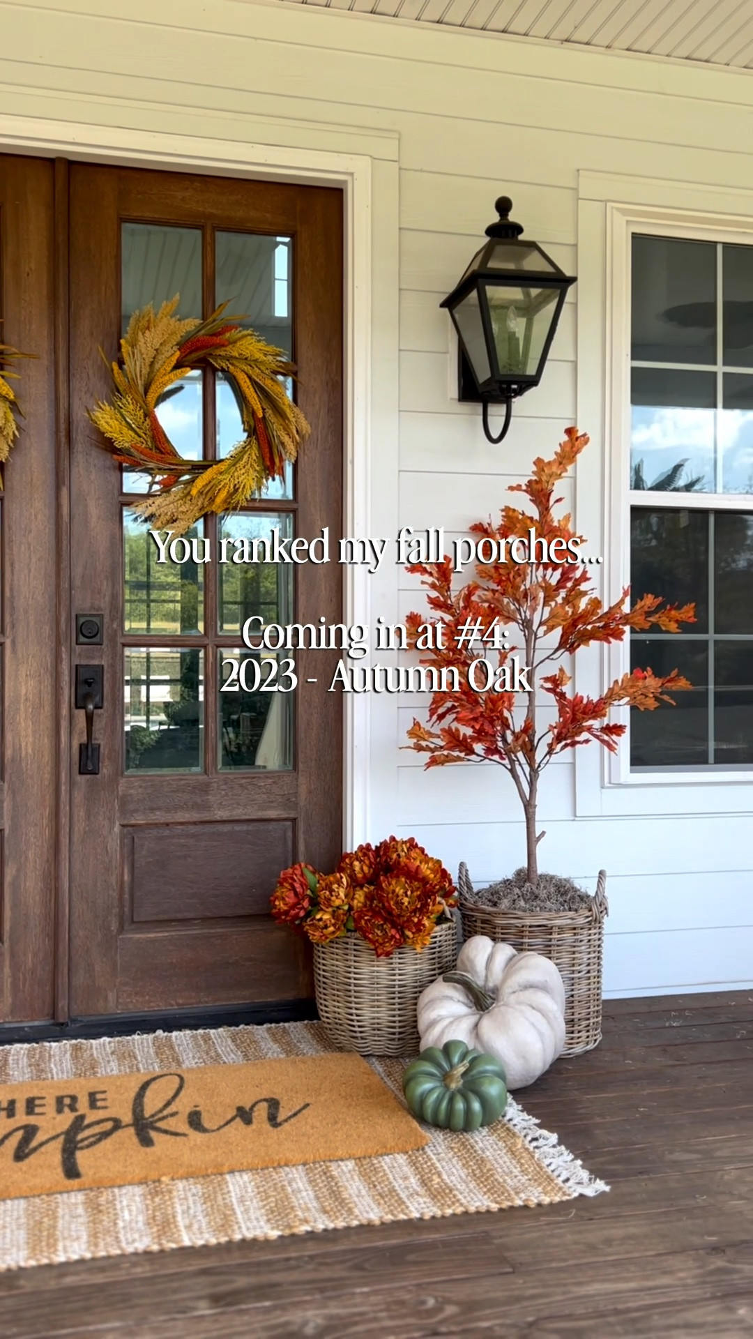 Coming in at #4: Here’s a fall porch for you in more traditional colors!🤎🧡💛This time last 3 years ago, I was about 8 months pregnant just waiting on our little pumpkin to arrive!☺️

These are my three easy steps to get your porch ready for the season:

1. Layer a neutral scatter or jute rug and welcome mat. This exact jute rug is no longer available but l’ll link some similar ones!

2. Add baskets or planters and fill with trees and mums...don’t be afraid to mix faux and live plants!

3. Top it off with fall wreaths and a few pumpkins!

#LTKstorytime #LTKSeasonal #LTKHome