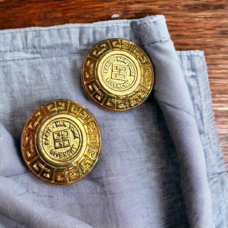 Vintage Givenchy Logo Greek Key Disk Clip On Earrings 1” | Etsy (US)