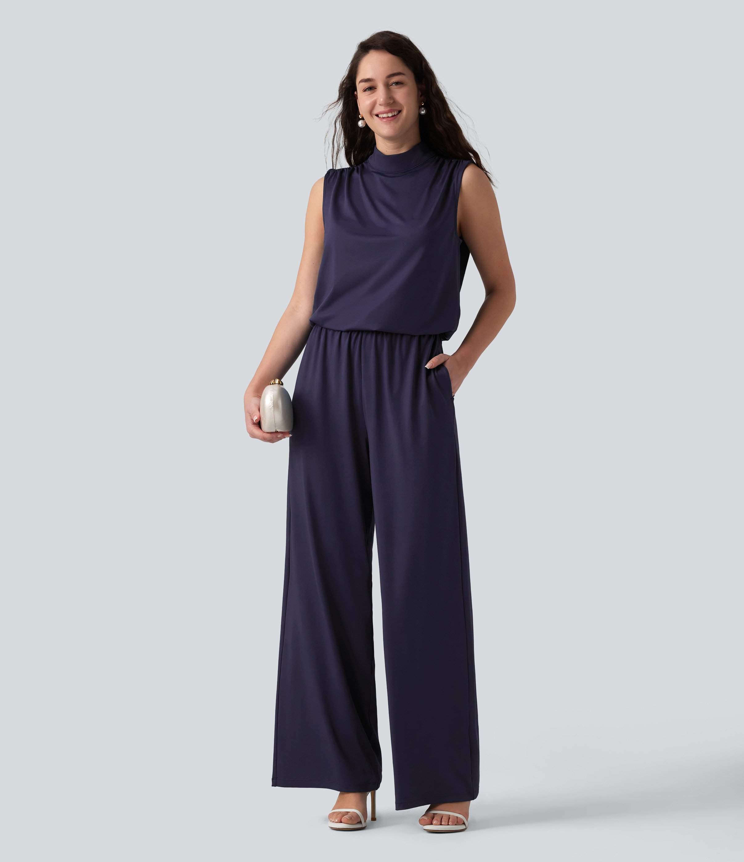 Halara Stand Collar Sleeveless Straight Leg Bridesmaid And Wedding Guest Jumpsuit with Pockets-Easy Peezy  - Misty Sage - L(regular) | HALARA