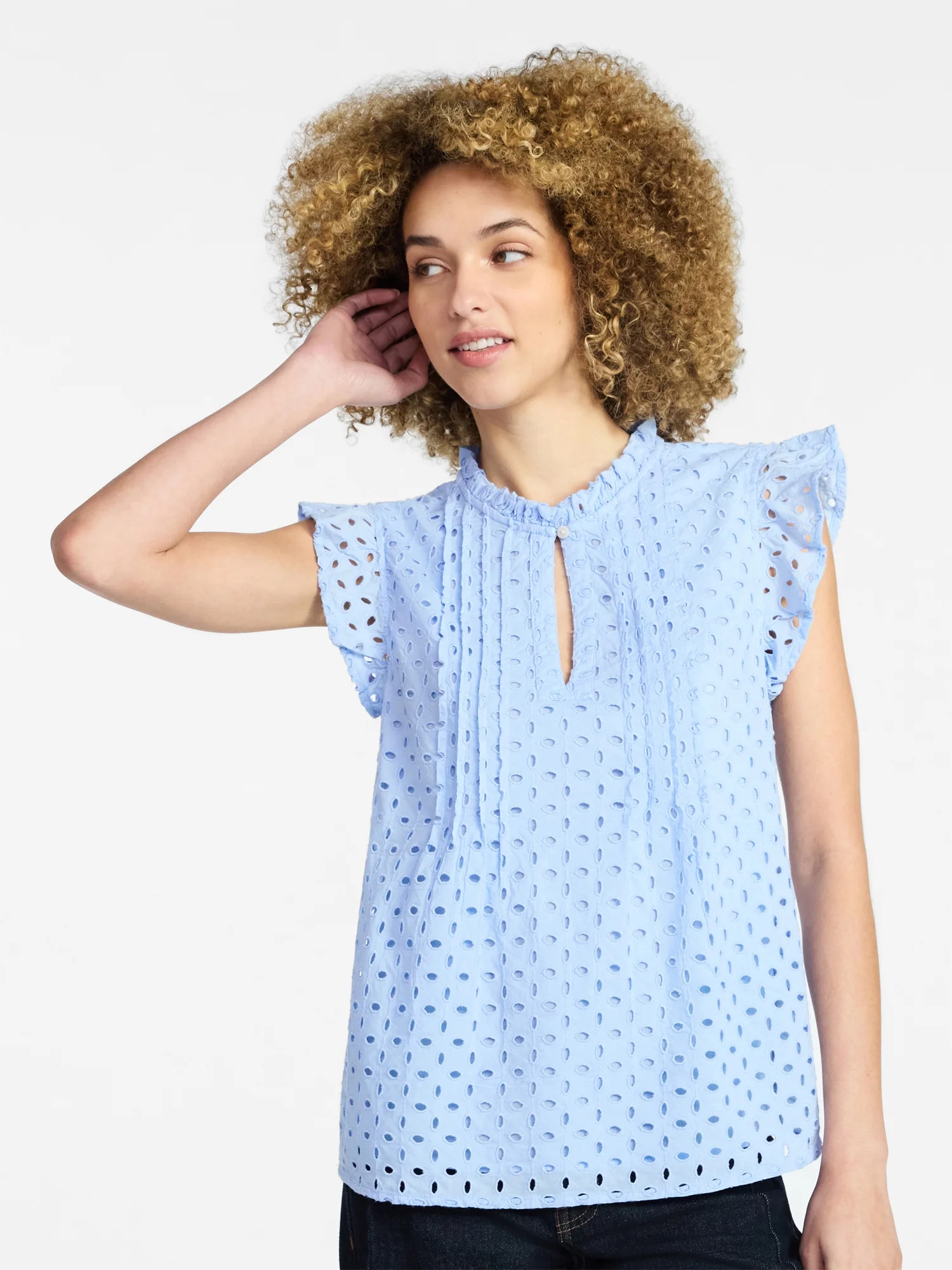 Time and Tru Women's Cotton Eyelet Top with Short Flutter Sleeves, Sizes XS-XXXL | Walmart (US)