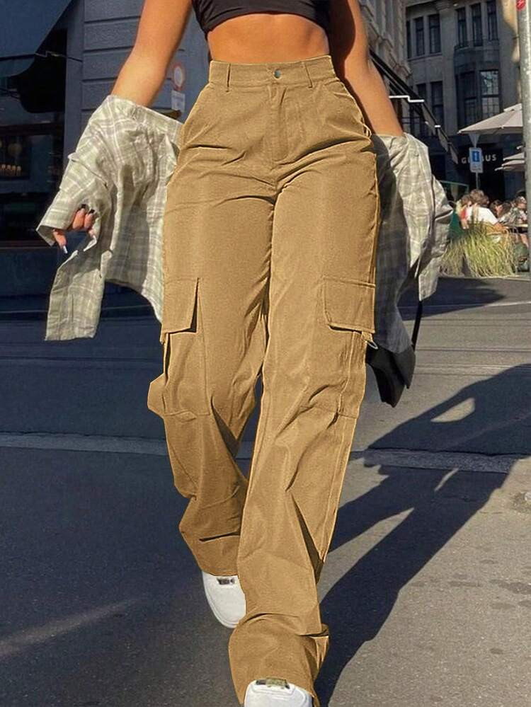 Women's Stylish And Chic Solid-Color Cargo Pants, Loose And Practical With Multiple Pockets, Sweet And Casual, Perfect For Street Style, Brunch, And Spring And Summer Outfits. | SHEIN