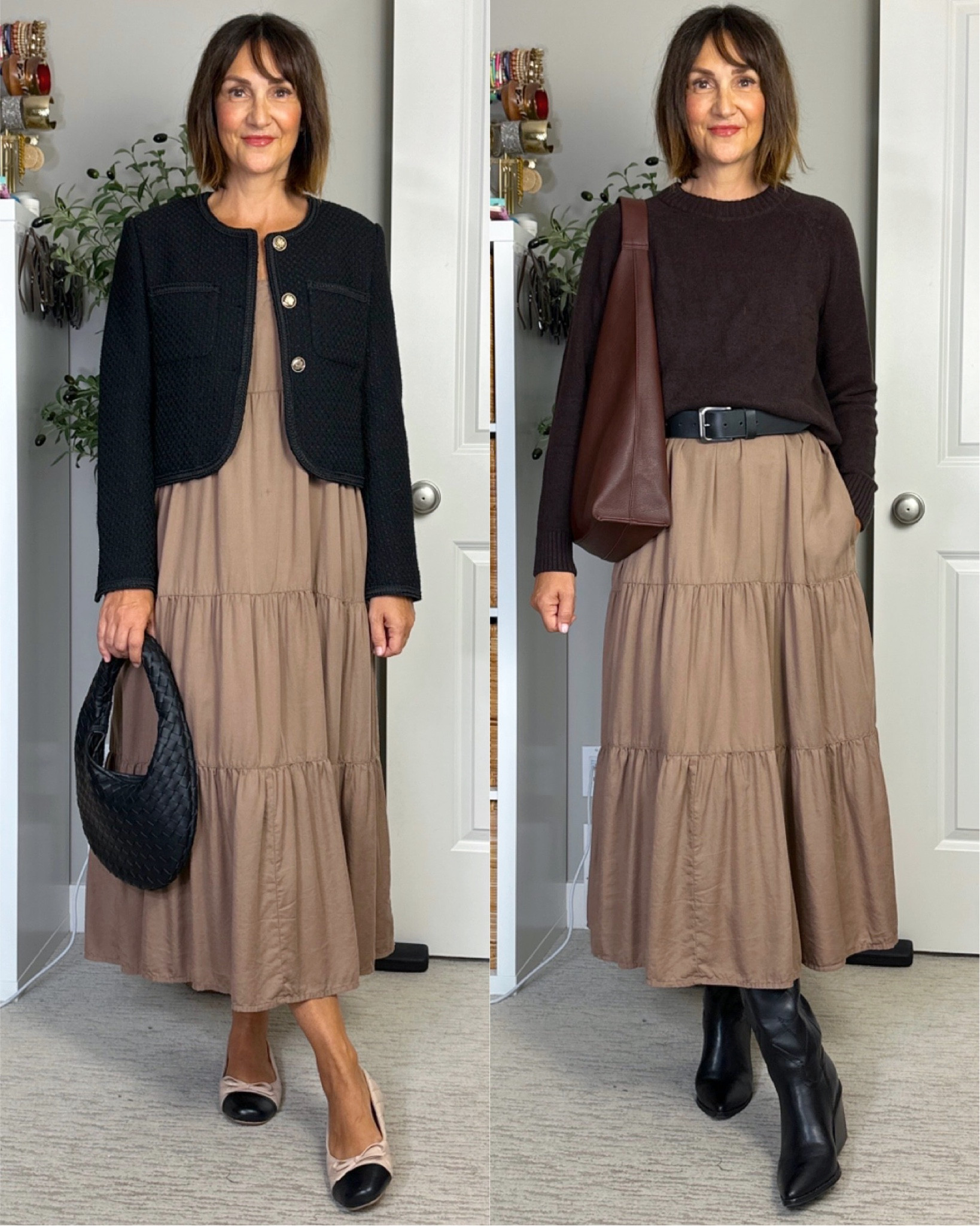 Ways to wear your summer midi dress into fall! I’m 5’ 7” wearing my usual size S in the dress (it has pockets!) and sized up to M in the lady jacket, the small was snug on me. The ballet flats fit very small, I had to go up a full size but that was two years ago, they may have updated their sizing.
Wearing my usual S in the sweater, it’s a beautiful shade of brown and super soft. 
Belt and cowboy boots fit tts


#LTKItBag #LTKStyleTip #LTKShoeCrush