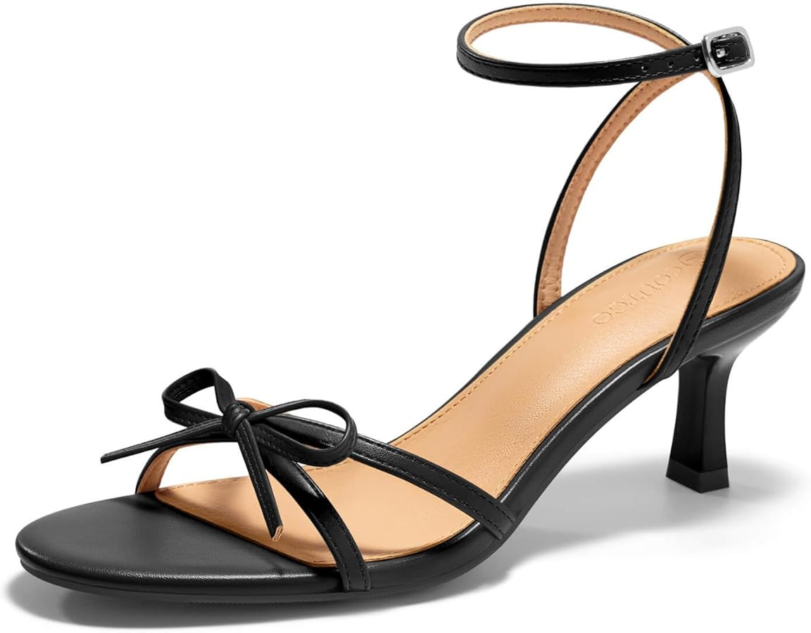 Coutgo Womens Kitten Low Heels Bow Sandals Open Toe Buckle Ankle Strap Wedding Party Dress Shoes | Amazon (US)