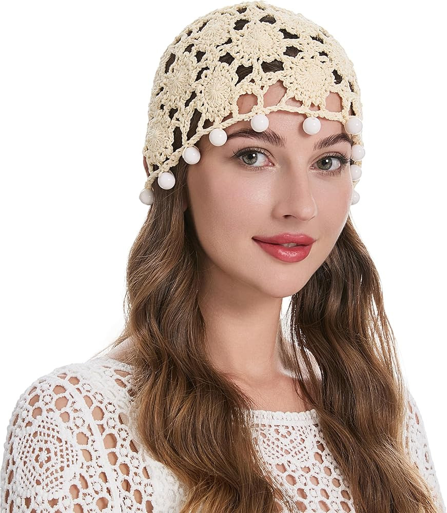 ZLYC Women Cotton Crochet Skull Cap Handmade Knit Cutout Floral Beanie Hat | Amazon (US)