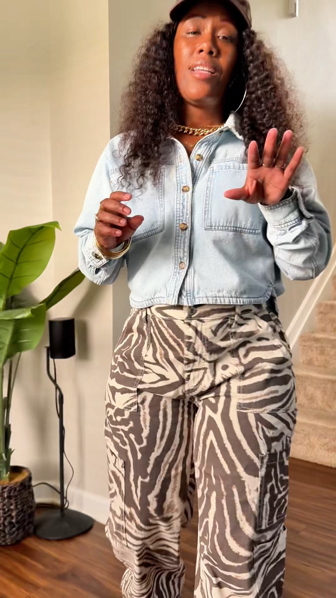 How to style brown and white zebra print wide leg cargo pants with a denim shirt.

#LTKootd #LTKPetite #LTKOver40