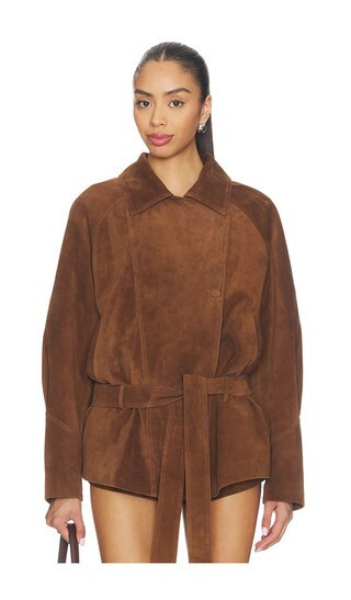 AEXAE Leather Suede Belted Jacket in Brown. - size S | Revolve Clothing (Global)