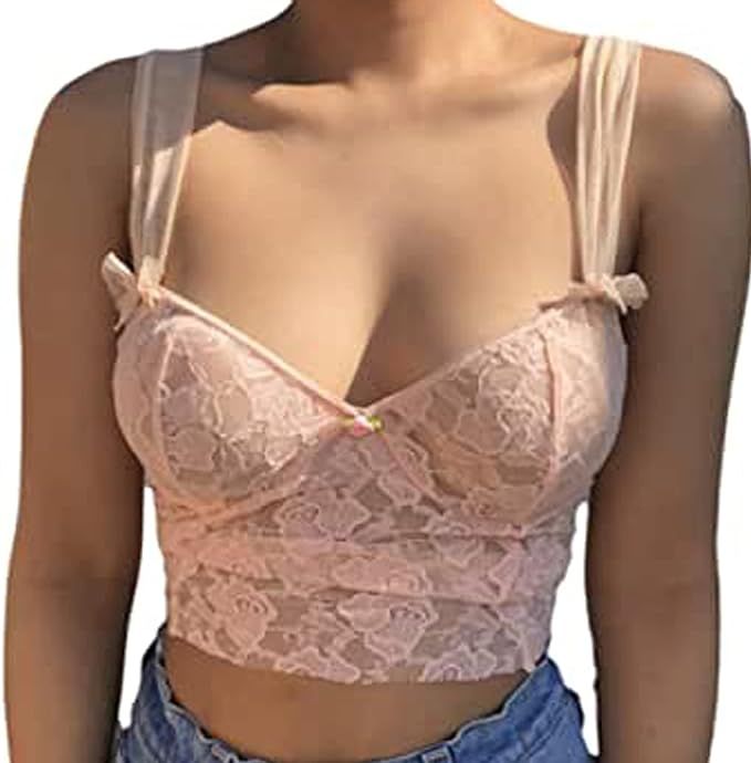 Women Lace Crop Top Sexy Strap Tank Top Backless Slim E-Girl Camis Sleeveless Summer See Through ... | Amazon (US)