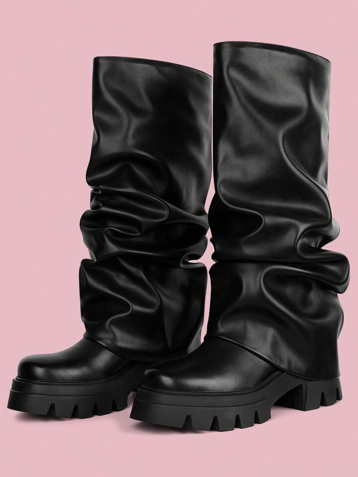 Womens New Slouchy Boots Platform Heel Mid Calf Boot Round Toe Folded Lug Sole Pull On Shark Ruch... | SHEIN