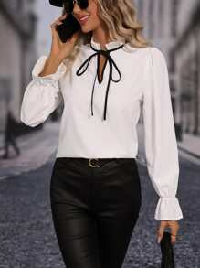 Tie Neck Flounce Sleeve Blouse SKU: sw2210046777608333(81 Reviews)$10.99$10.44Join for an Exclusi... | SHEIN