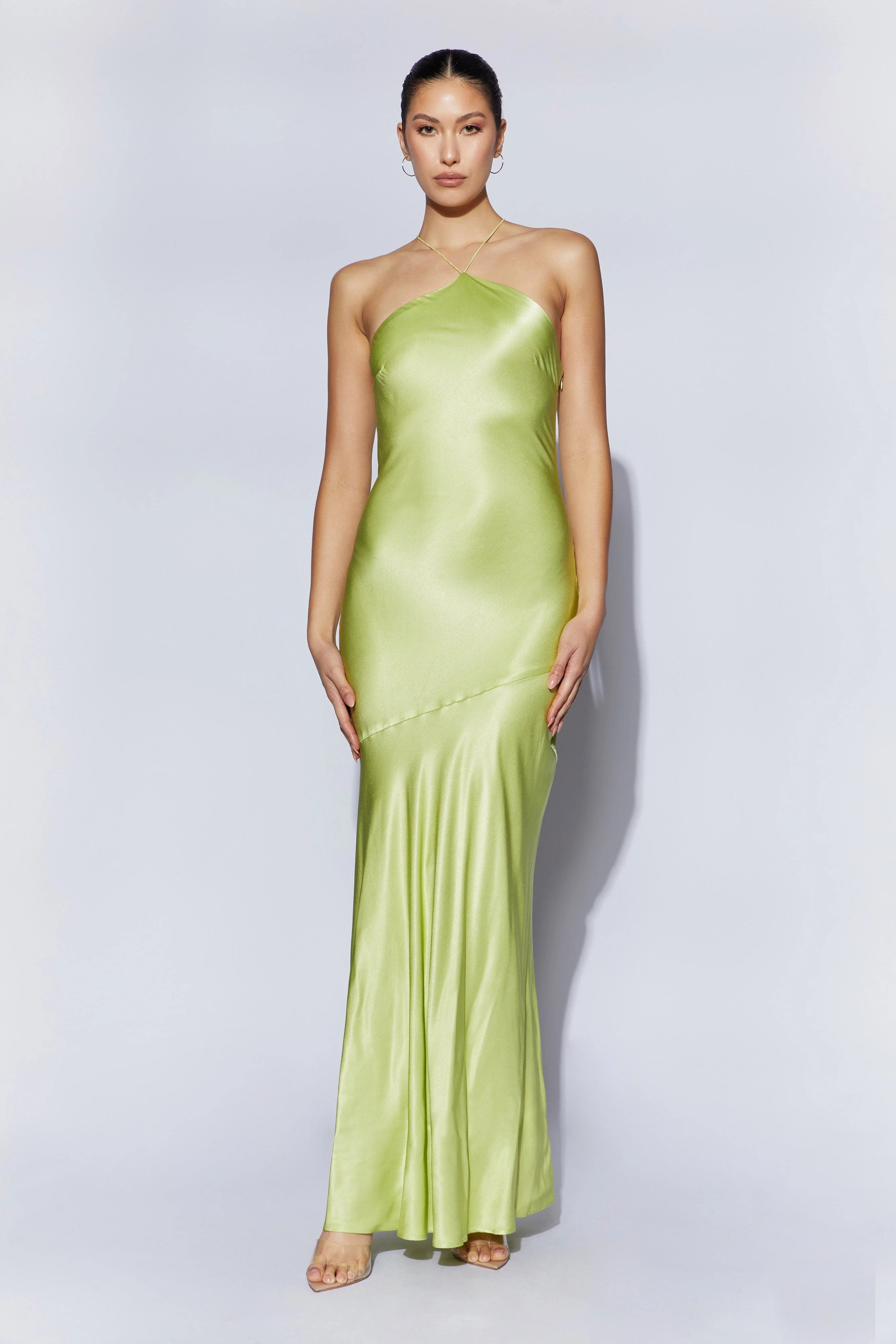 Avery Satin Maxi Halter Dress - Pistachio Green | Meshki (APAC)