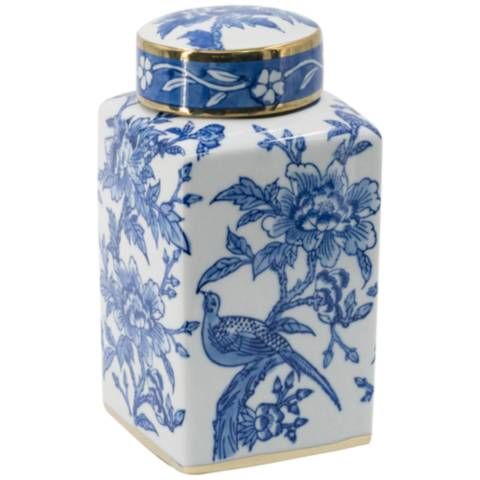 Chinoiserie 10.6" Wide Blue and White Square Jar with Gold Trim Lid - #704C9 | Lamps Plus | Lamps Plus