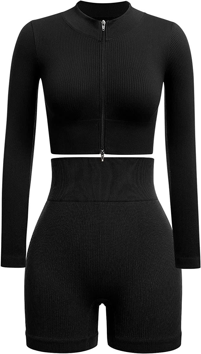 Workout Sets for Women Long Sleeve Zip Crop Top Seamless Ribbed High Waist Biker Shorts 2 Piece O... | Amazon (US)