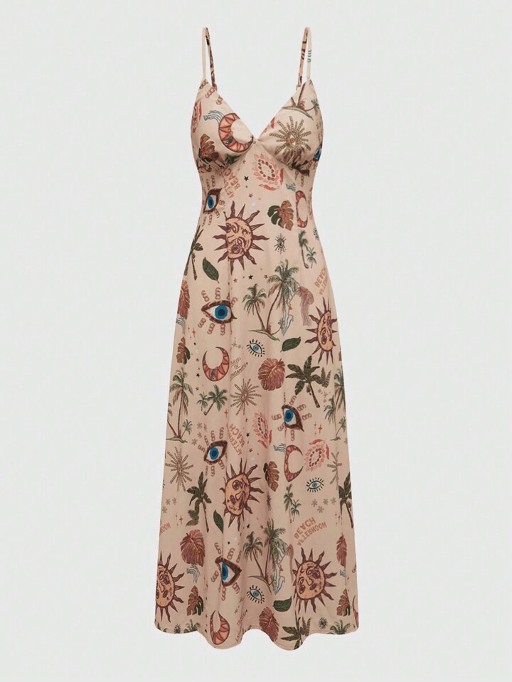 ROMWE Hippie Ladies" Summer Palm Tree Printed Long Casual Sundress With Spaghetti Straps | SHEIN