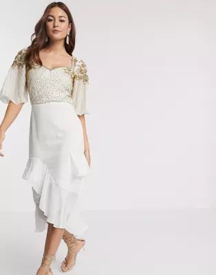 Virgos Lounge embellished midi dress with flutter sleeve and ruffle skirt in ivory | ASOS (Global)