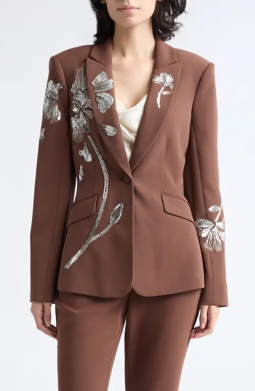 Cinq à Sept Cheyenne Gilded Peony Beaded Blazer in Espresso/silver at Nordstrom, Size 16 | Nordstrom