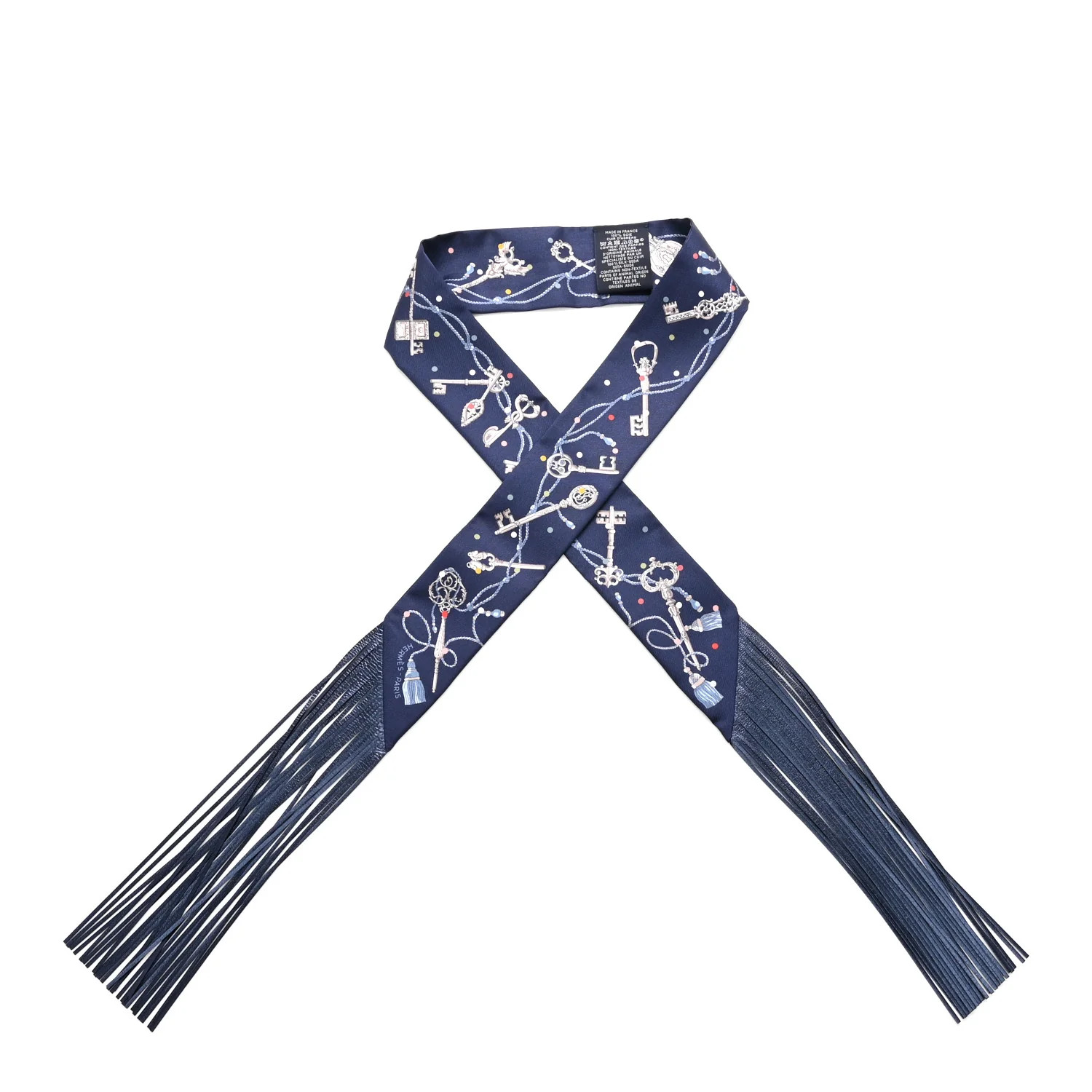 Silk Calfskin Les Cles A Pois Fringed Twilly Bleu Marine Gris Argent Multicolor | FASHIONPHILE (US)