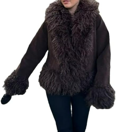 Brown Jacket Notch Collar Faux Fur Patchwork Button Down Oversized Long Sleeve Streetwear Casual ... | Amazon (US)