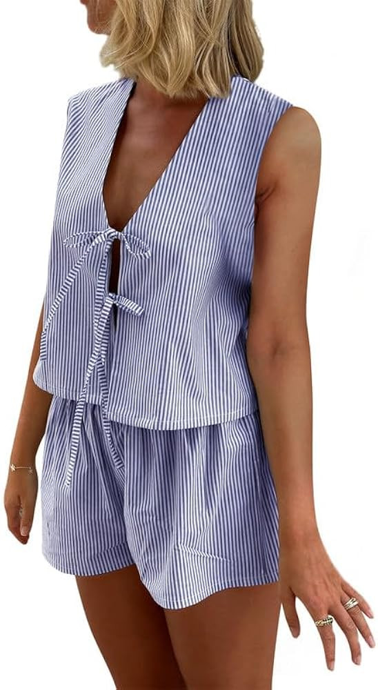 Women Y2k Summer Set 2 Piece Loungewear Set Sleeveless Tie Front Tank Top Vest Baggy Shorts Pj Se... | Amazon (US)