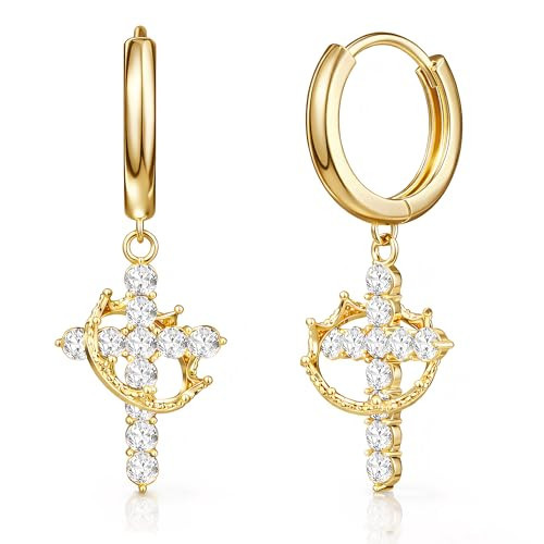 GODKISS Crown Cross Dangle Drop Earrings Trendy Small Dainty Huggie Hoop Earrings for Women Lightweight Jewelry | Amazon (US)