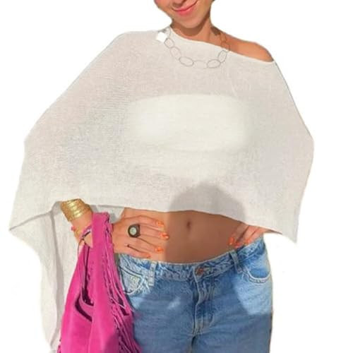 Women Sheer Poncho Top Knit Crochet Lightweight See Through Shawl Summer Shrug Beach Cover Up White | Amazon (US)
