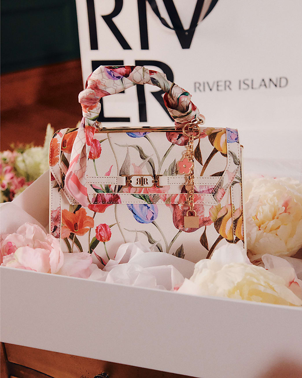 Cream Floral Charm Tote Bag | River Island UK & IE