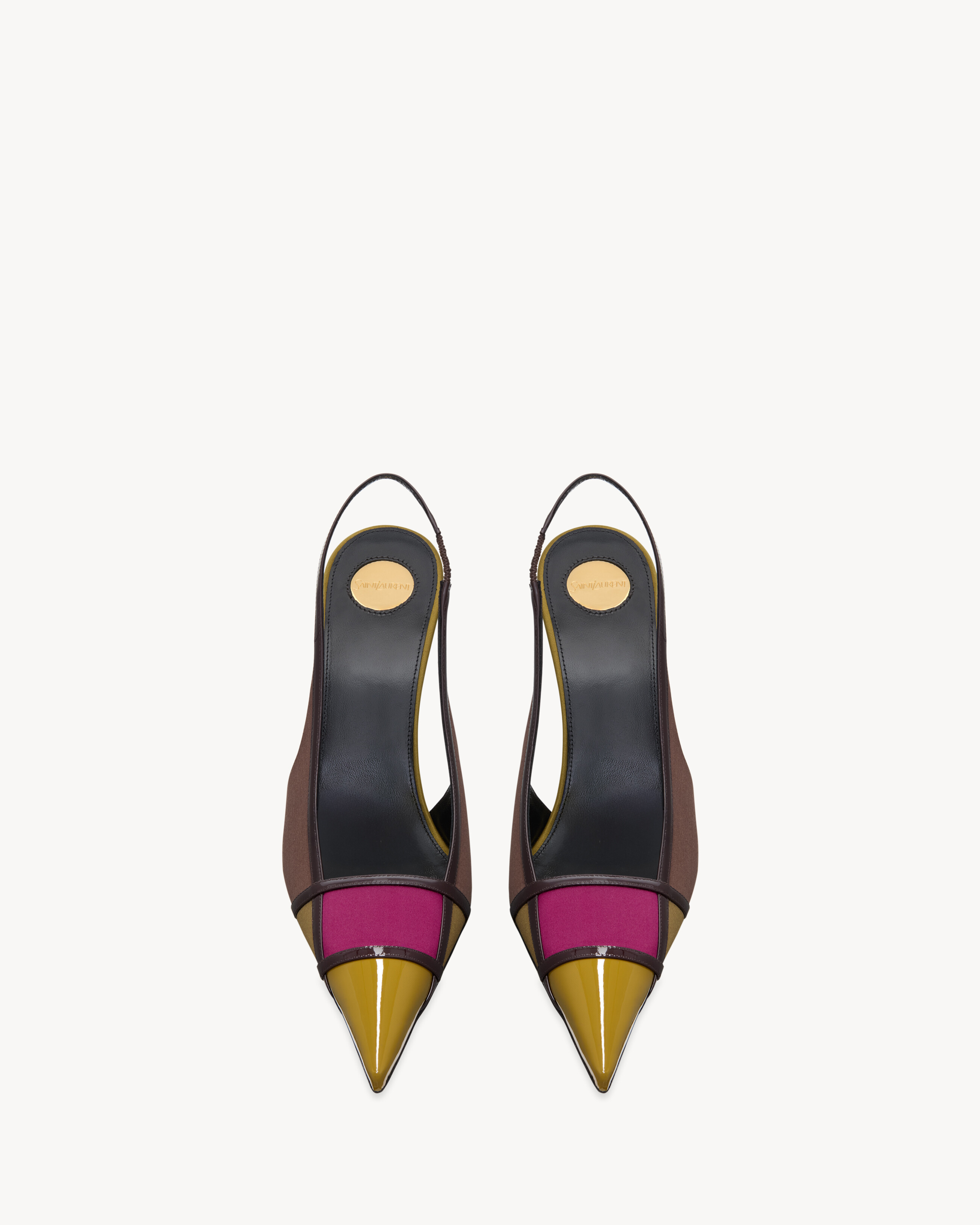 patchwork slingback pumps featuring a stiletto heel and pointed toe with square-cut vamp. | Saint Laurent Inc. (Global)