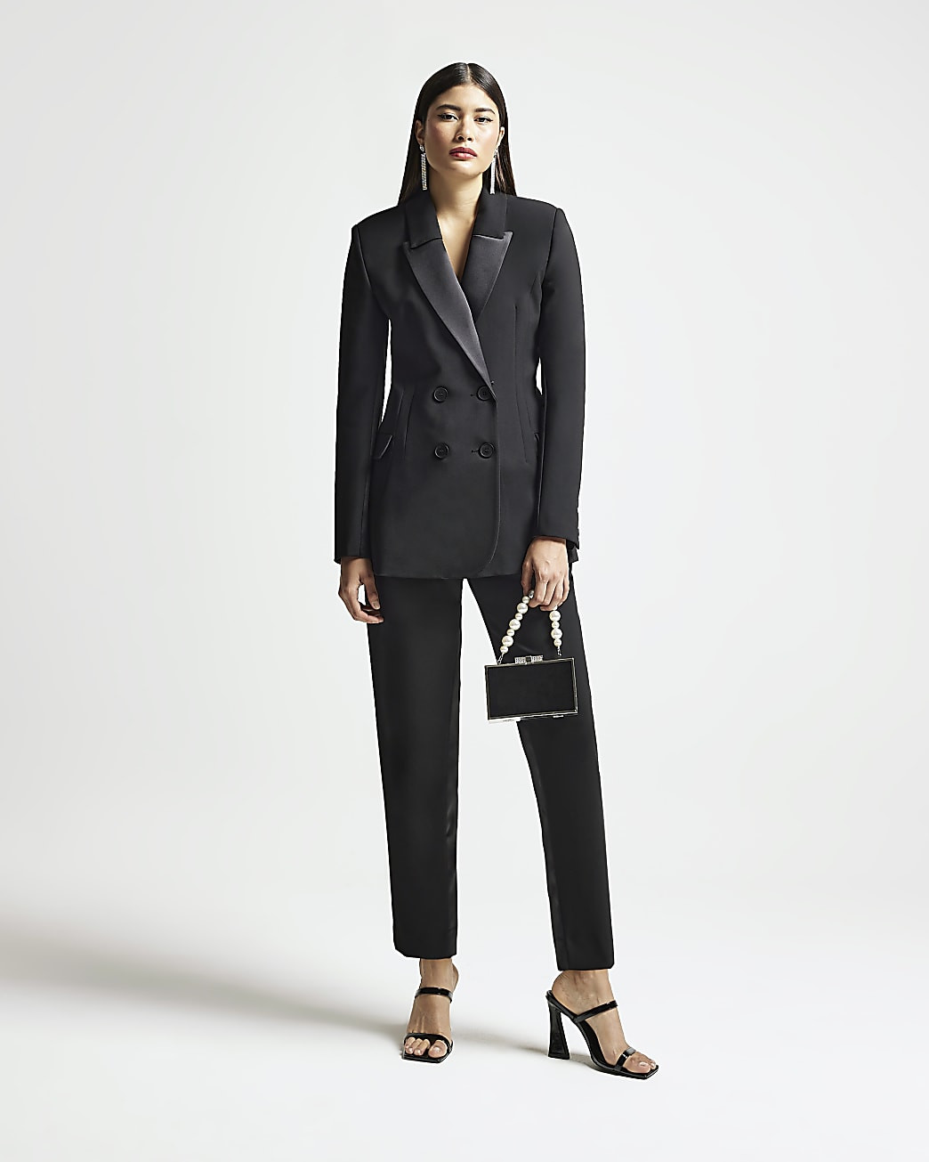 Black RI Studio satin double breasted blazer | River Island (UK & IE)