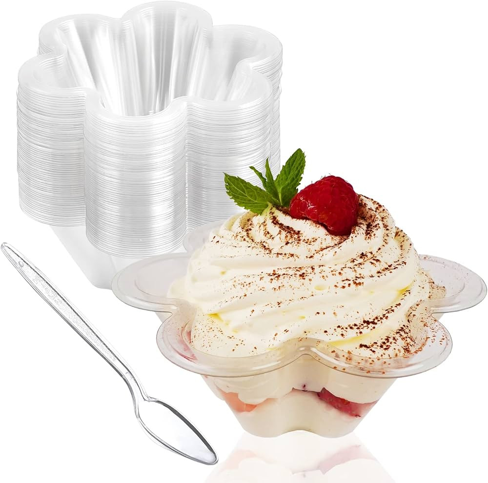 50ct 8oz Clear Plastic Dessert Cups with Spoons, Disposable Flower Shaped Ice Cream Bowls, Party ... | Amazon (US)