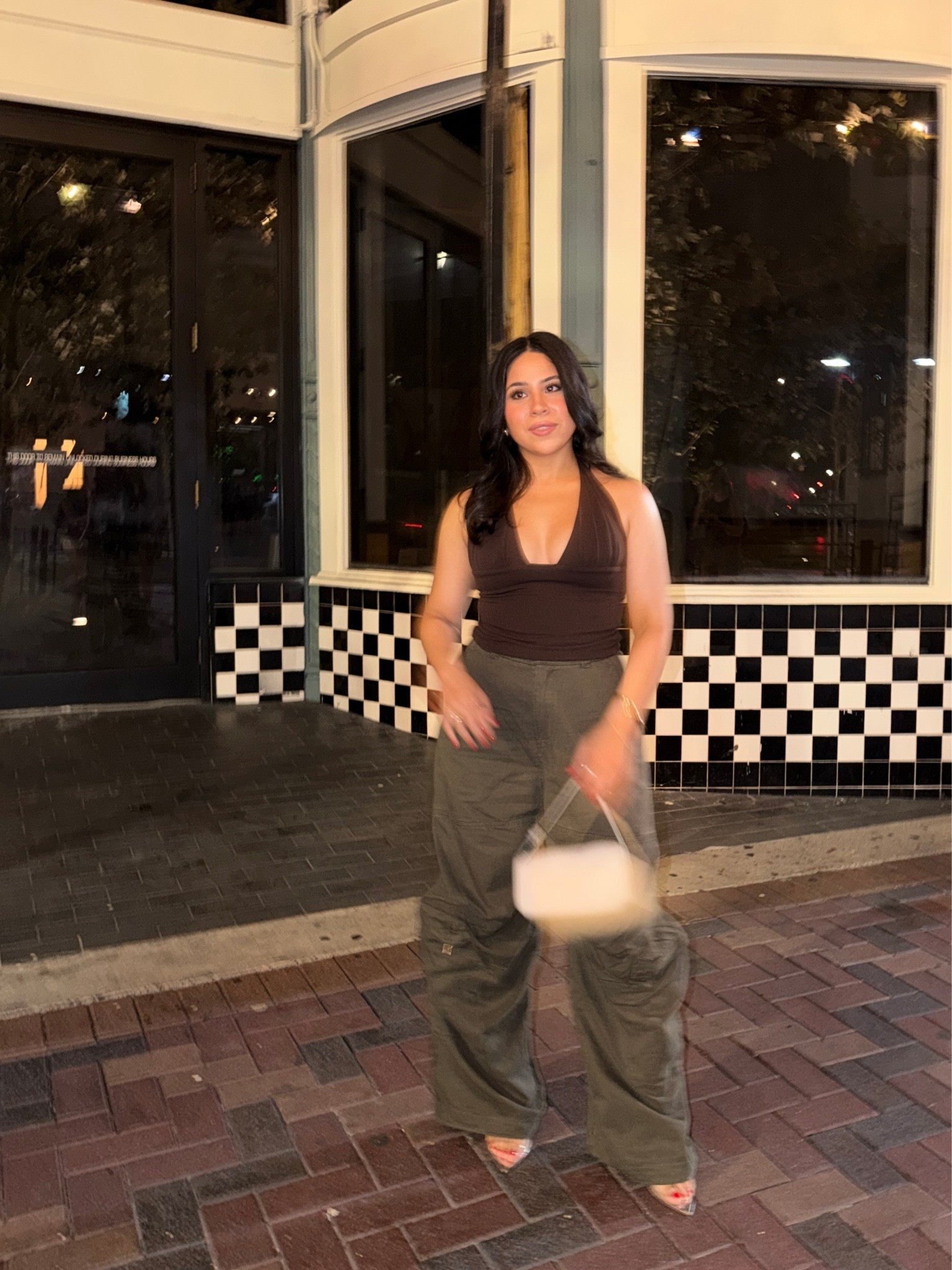 Cargo pants: xs 
Halter tank: medium 
Clear heels: 6.5 
White mini bag

#LTKgrwm #LTKootd #LTKPetite
