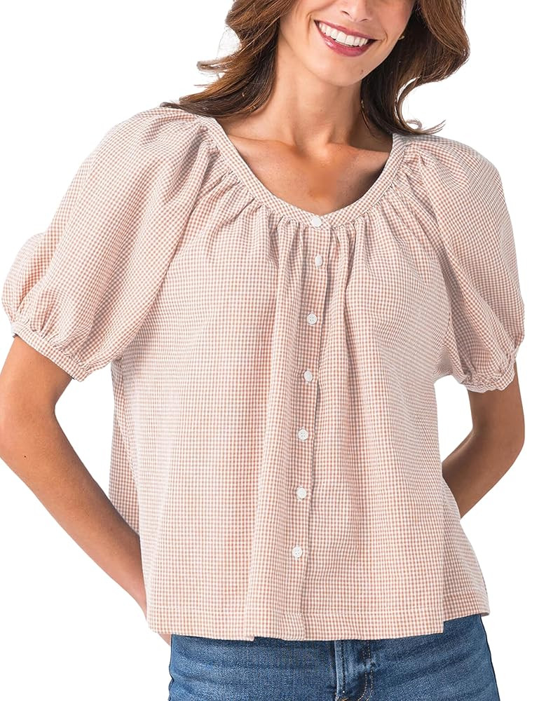 Tanming Womens Summer Plaid Button Down Shirts Short Puff Sleeve Cotton Crew Neck Gingham Blouses... | Amazon (US)