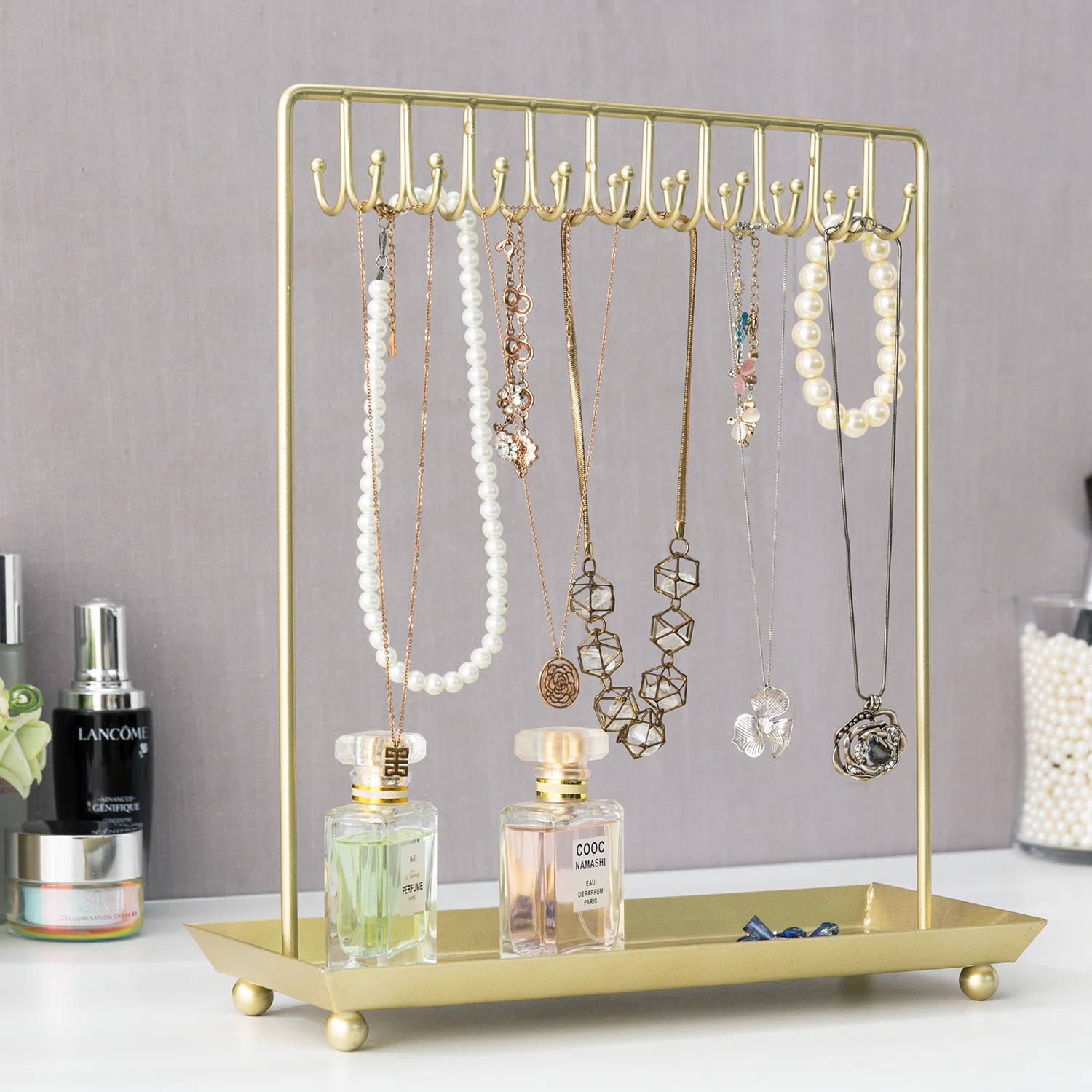 Gold Jewelry Necklace Display Storage Stand with Tray | Wayfair North America