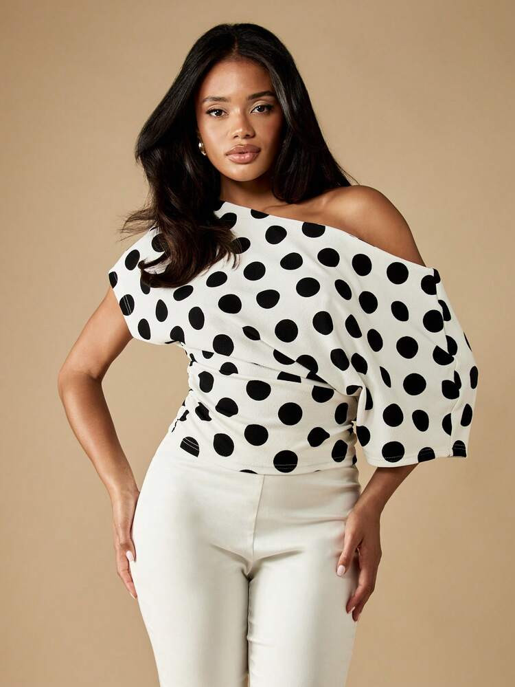 MISSGUIDED Polka Dot Print One Shoulder Puff Sleeve Blouse Elegant Evening Party Top Classic Black White Office Wear Feminine Fashion | SHEIN